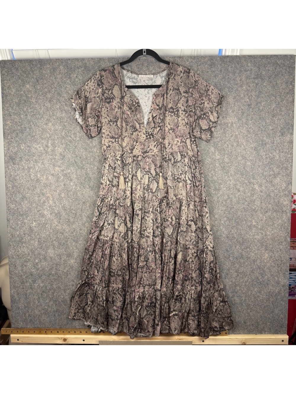 Karlie Python Tiered Shift Midi Dress Blue Tassels Taupe Brown Pink Medium 697